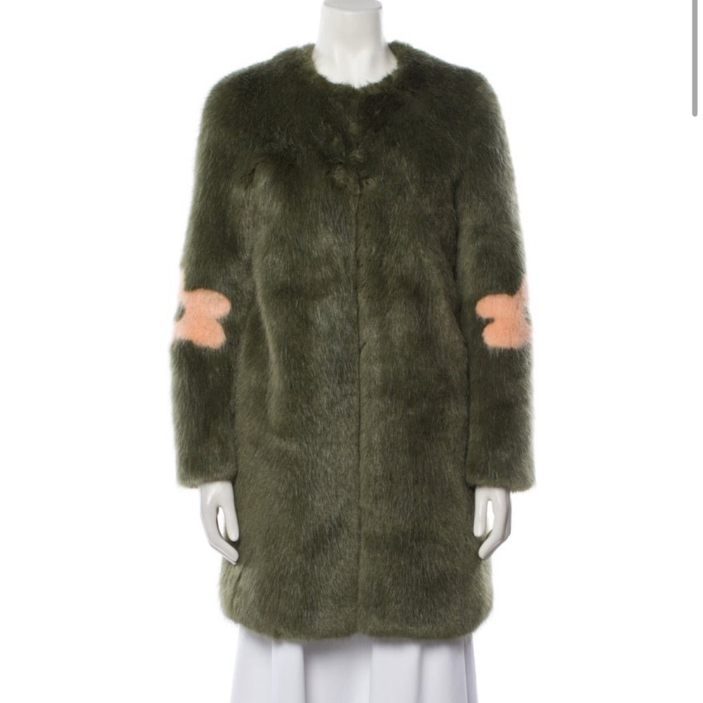 Shrimps Olive Green faux fur Jacket with Pink Accents